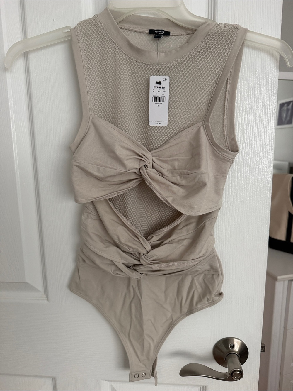 Express Beige Twist-Front Mesh Bodysuit